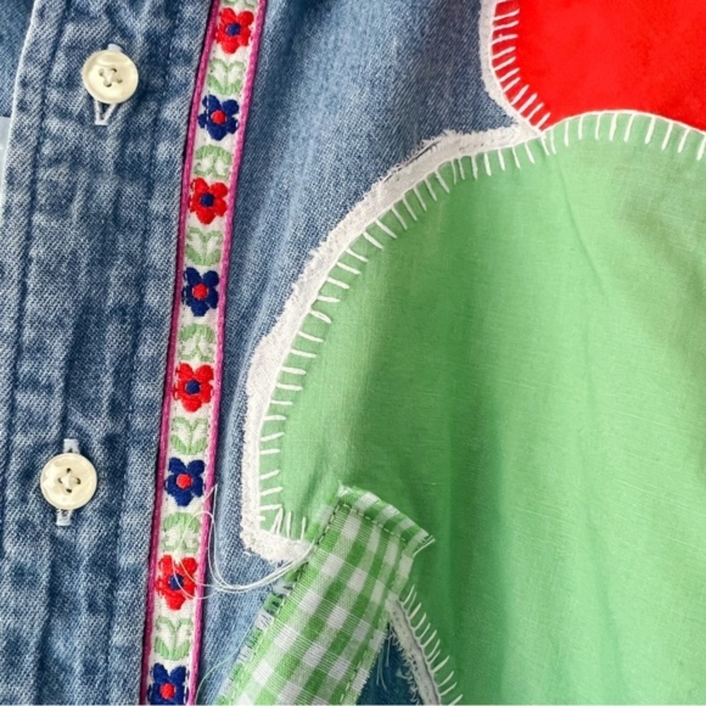 Distressed Patchwork Long Sleeve Denim Shirt Gree… - image 4